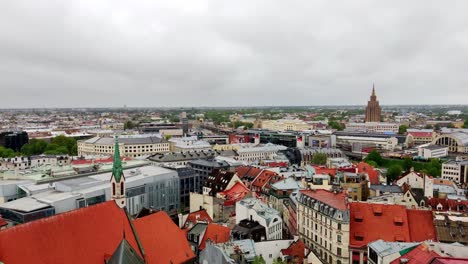 Majestic-Riga-old-town-rooftops-form-above,-pan-right-view-on-cloudy-day