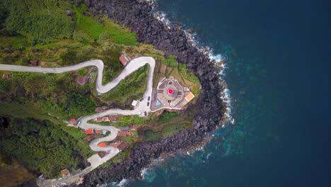 Drone-descent-towards-ponta-arnel-lighthouse-on-a-cliff-on-the-island-of-Sao-Miguel,-Azores