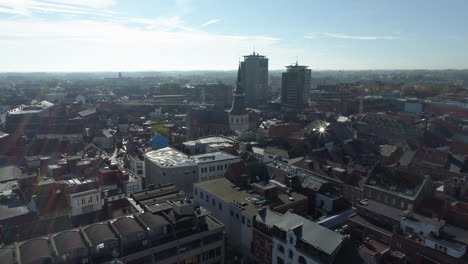 Hasselt-City-Center-Aerial-View-Drone-Flying-Forward,-Sunny-Summer-Day
