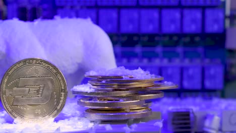 Shiny-Dogecoin-gold-coin-with-polar-Bear,-snow-fallen-like-prices,-crypto-winter-concept