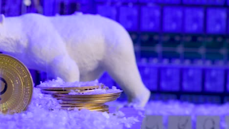 Polkadot-Dot-Cryptocurrency-Golden-Coin-with-polar-bear,-snow-fall-as-price,-crypto-winter