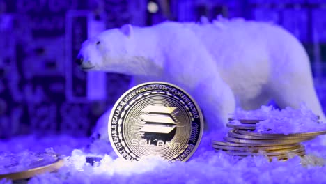 Solana-Krypto-Goldmünze-Und-Eisbär-Auf-Blauem-Motherboard-Hintergrund,-Krypto-Winter