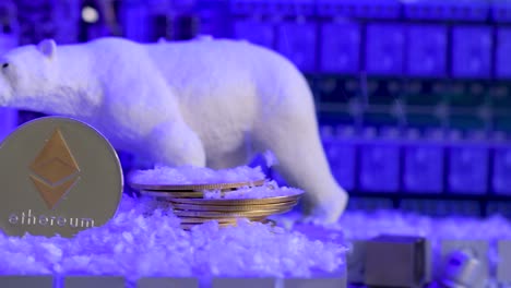 Ethereum-ETH-coin-with-polar-bear,-snow-fallen-like-prices,-crypto-winter-concept