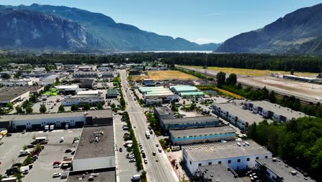 Industrial-Area-In-The-Scenic-Town-Of-Squamish-In-North-Of-Vancouver,-BC,-Canada---aerial-shot
