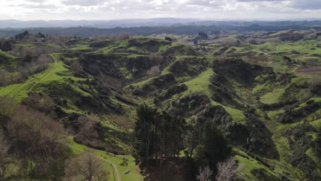 Hermoso-Paisaje-Escénico-Aéreo-De-Nueva-Zelanda-De-La-Pintoresca-Agricultura-Interior-Y-Pastos-De-La-Isla-Norte