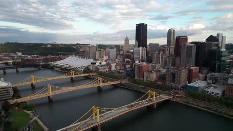 Drone-shot-of-Downtown-Pittsburgh.-City-Center