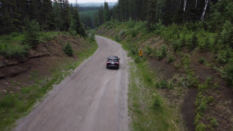 Schwarze-Buick-enklave,-Die-Schotterstraße-Im-Wald-Fährt.-Luftaufnahme