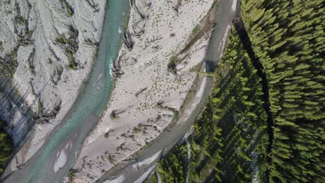 Water-flow-of-the-mountain-river-and-the-green-forest-from-above