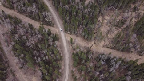 White-car-is-driving-on-gravel-road-in-the-middle-of-nowhere-in-forest