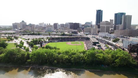 Aerial-shot-of-Winnipeg,-Canada.-Winnipeg-Goldeyes-game