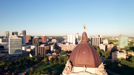 Drone-Panorama-of-the-Golden-Boy-and-downtown-Winnipeg