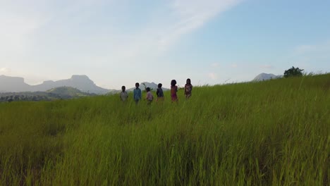 Indische-Kinder-Laufen-Und-Spielen-Auf-Der-Wiese-Mit-Hohem-Grünem-Gras