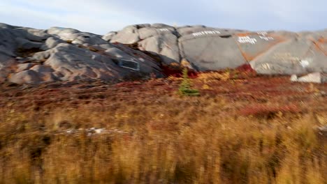 Graffitied-rocks-near-Churchill-Manitoba-Canada-shores-of-Hudson-Bay-truck-right-full-shot