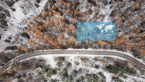 Coche-Autónomo-De-Conducción-Aérea-De-Arriba-Hacia-Abajo-En-Una-Carretera-Estrecha-Que-Pasa-Por-Un-Bosque-De-Pinos-Durante-El-Paisaje-De-Nieve-Blanca-Invernal,-Animación-Infográfica-Gps-Inteligencia-Artificial-Con-Mapas-Y-Sensor