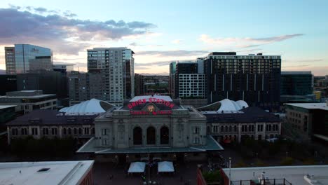 Union-Station-in-Denver-Colorado,-sunset-aerial-shot