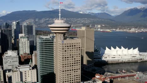 Vancouver-Lookout-At-Harbour-Centre-In-Downtown-Vancouver,-BC-With-View-Of-North-Shore-Mountains-And-Canada-Place-In-Background