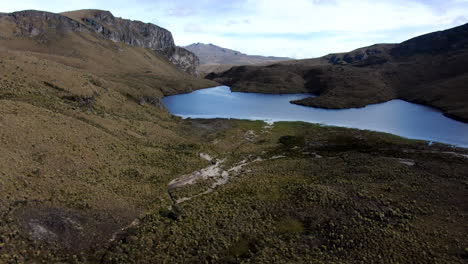 Drone-flight-down-to-remote-lake-in-Los-Nevados-National-Park,-Colombia