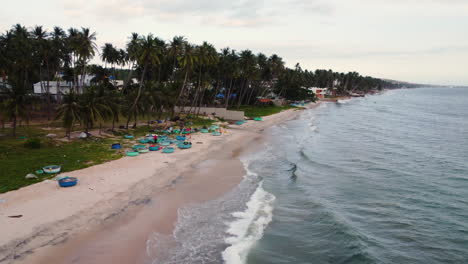 Aerial-over-white-sand-beach,-palm-trees-and-fisherman-with-their-boats,-Vietnam