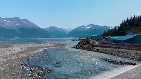 4K-Drone-Video-of-Salmon-Hatchery-in-Valdez,-Alaska-during-Summer-Day