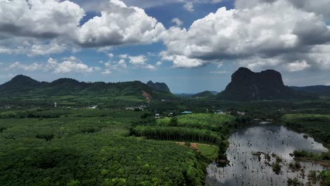 Río-Rodeado-De-Exuberante-Vegetación-Contra-El-Cielo-Nublado-En-Amphoe-Mueang-Krabi,-Tailandia---Toma-Aérea-De-Drones