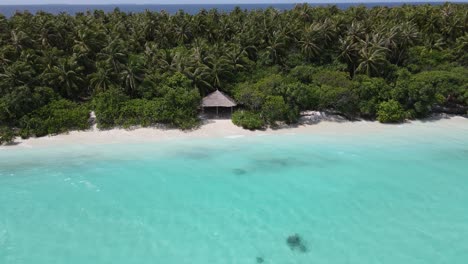 Drone-shot-of-a-wooden-shed-hidden-in-trees-on-tropical-maldivian-island-on-the-beach-with-magical-blue-shallow-waters