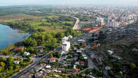 Still-aerial-of-the-city-of-Shkoder-in-Albania-in-the-morning-hour-with-traffic