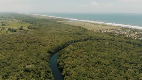 Vista-Panorámica-Aérea-Del-Exuberante-Río-Forestal-De-Manglares-Verdes-No-Lejos-De-La-Costa-En-El-Paredón,-Guatemala