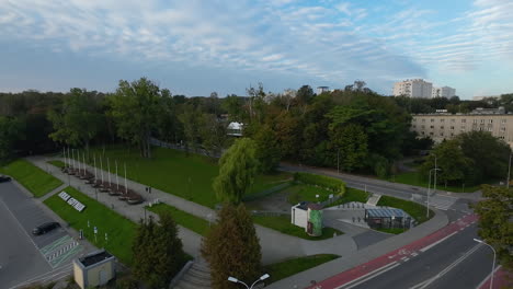 Skwer-Arka-Gdynia---an-empty-square-early-in-the-morning-during-sunrise,-a-modern-place-above-the-boulevard-in-Gdynia