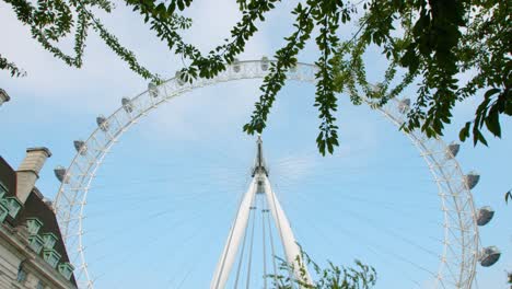 Paseo-De-Cardán-En-Cámara-Lenta-Del-Ojo-De-Londres-Bajo-árboles-Verdes-Del-Parque-Jubilee