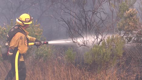 Los-Bomberos-Usan-Una-Manguera-Y-Agua-Contra-Las-Llamas-Del-Incendio-Alisal-Que-Arde-A-Lo-Largo-De-La-Costa-De-Gaviota-En-El-Condado-De-Santa-Barbara