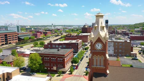 Drone-Aerial-Establishing-Shot-Of-Downtown-Business-District-Moline-Illinois-On-The-Mississippi-River