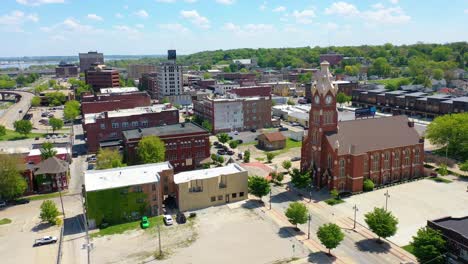 Drone-Aerial-Establishing-Shot-Of-Downtown-Business-District-Moline-Illinois-On-The-Mississippi-River