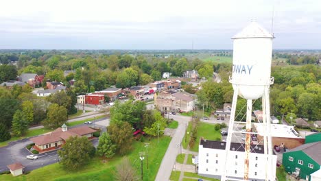 Luftaufnahmen-über-Hauptstraße-Kleinstadt-USA-Mit-Wasserturm,-Auf-Halbem-Weg,-Kentucky