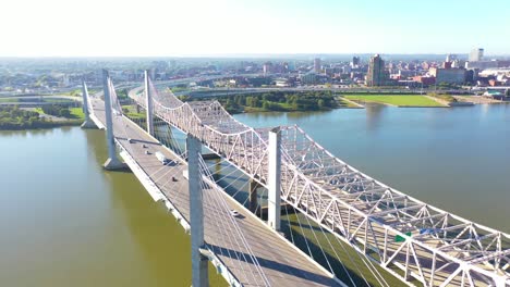 Antena-Sobre-Los-Puentes-Del-Río-Ohio-Con-El-Horizonte-Del-Centro-De-Louisville,-Kentucky-Distante-Sugiere-Infraestructura