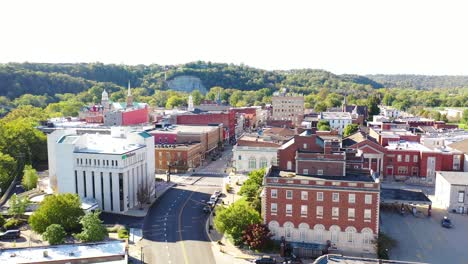 Aerial-Over-Frankfort,-Kentucky-Downtown-Business-District-Suggests-Small-Town-Usa