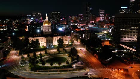 Night-Aerial-Of-The-Atlanta-State-Capitol-Building-In-Atlanta,-Georgia