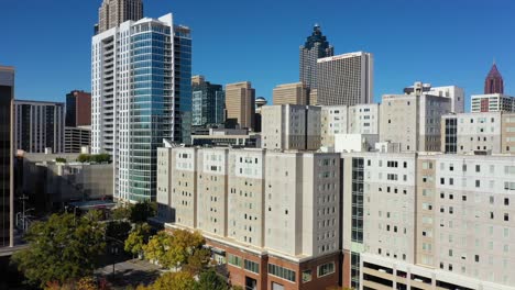 Rising-Aerial-Of-Apartment-Complex-And-High-Rises-In-Downtown-Atlanta,-Georgia-Business-District