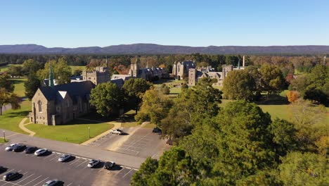 Beautiful-Aerial-Establishing-Shot-Of-Berry-College-In-Rome,-Georgia,-A-Classical-Gothic-English-Or-British-Style-College-Campus