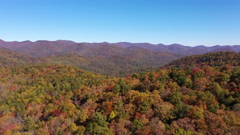 Beautiful-Aerial-Of-Trees-Turning-Color-In-Autumn-Or-Fall-In-The-Blue-Ridge-Mountains-Of-Appalachia,-North-Georgia,-The-Chattahoochee–Oconee-National-Forest