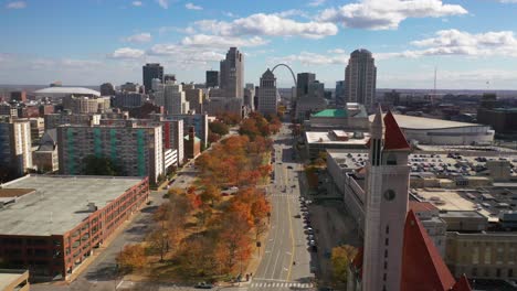 Good-High-Angle-Aerial-Down-Market-Street-In-Downtown-St-Louis-Past-Union-Station-With-Famous-Arch-In-Distance