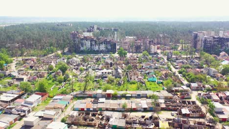 Shocking-Aerial-Of-Vast-Destruction-In-Irpin-Ukraine-Near-Kyiv,-From-Russian-Bombing