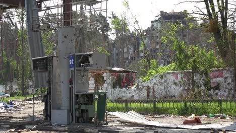 War-Torn-Ukraine-Featuring-A-Blown-Up-And-Destroyed-Gas-Station-And-Apartment-Complex-Near-Kyiv