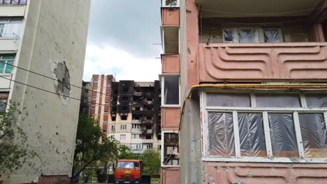 Dolly-Reveals-Badly-Damaged-Apartment-Building-In-Irpin,-Ukraine-As-The-Result-Of-Heavy-Shelling-And-Bombing-By-Russian-Forces