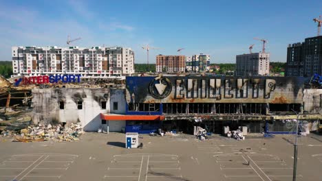 Aerial-Of-A-Shopping-Mall-Destroyed-By-Russian-Rocket-Attacks-In-Kyiv,-Ukraine