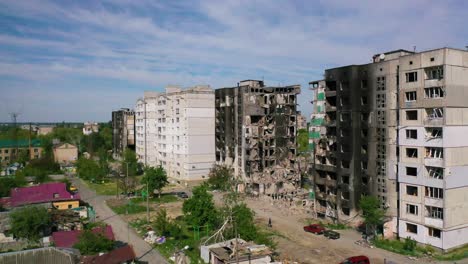 Aerial-Of-Borodyanka,-Ukraine-Bombed-And-Rocketed-Apartment-Buildings-Where-Hundreds-Were-Killed-By-Russian-Occupation