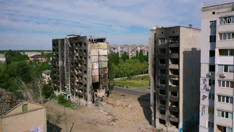 Aerial-Of-Borodyanka,-Ukraine-Bombed-And-Rocketed-Apartment-Buildings-Where-Hundreds-Were-Killed-By-Russian-Occupation