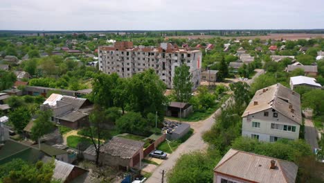 Aerial-Of-Makariv,-Ukraine-Bombed-And-Rocketed-Apartment-Buildings-During-Russian-Invasion-And-Occupation