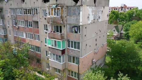 Aerial-Of-Makariv,-Ukraine-Bombed-And-Rocketed-Apartment-Buildings-During-Russian-Invasion-And-Occupation