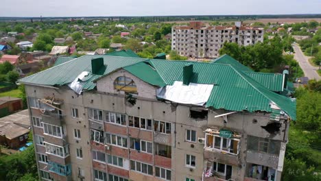 Aerial-Of-Makariv,-Ukraine-Bombed-And-Rocketed-Apartment-Buildings-During-Russian-Invasion-And-Occupation