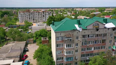 Aerial-Of-Makariv,-Ukraine-Bombed-And-Rocketed-Apartment-Buildings-During-Russian-Invasion-And-Occupation